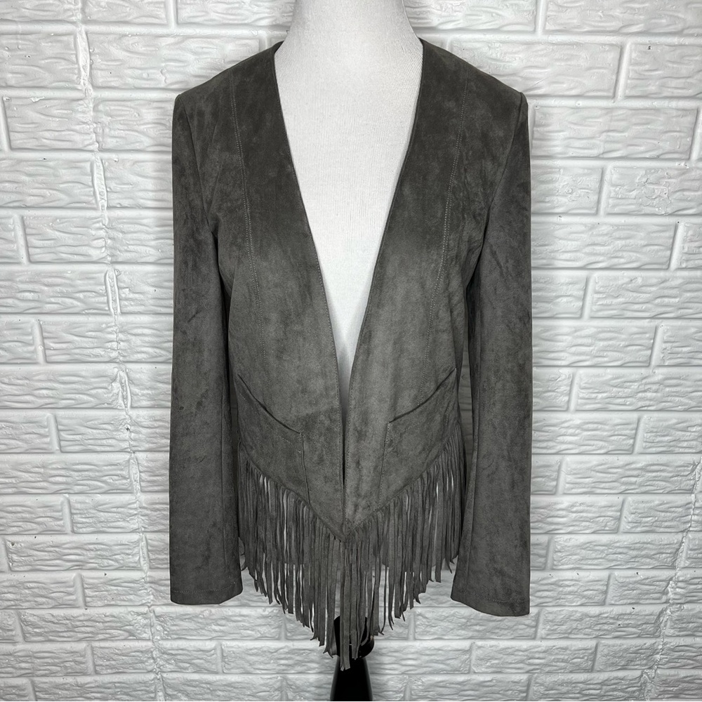 BAGATELLE Faux Suede Fringe Crop Jacket Gray Coat Size S